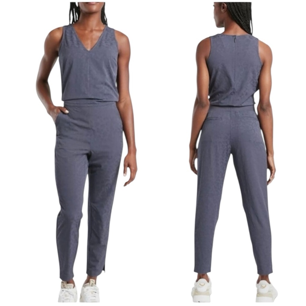 ATHLETA Brooklyn Animal Print Jacquard V neck Jumpsuit Slate Blue Size 12 -- WOW - Picture 3 of 11